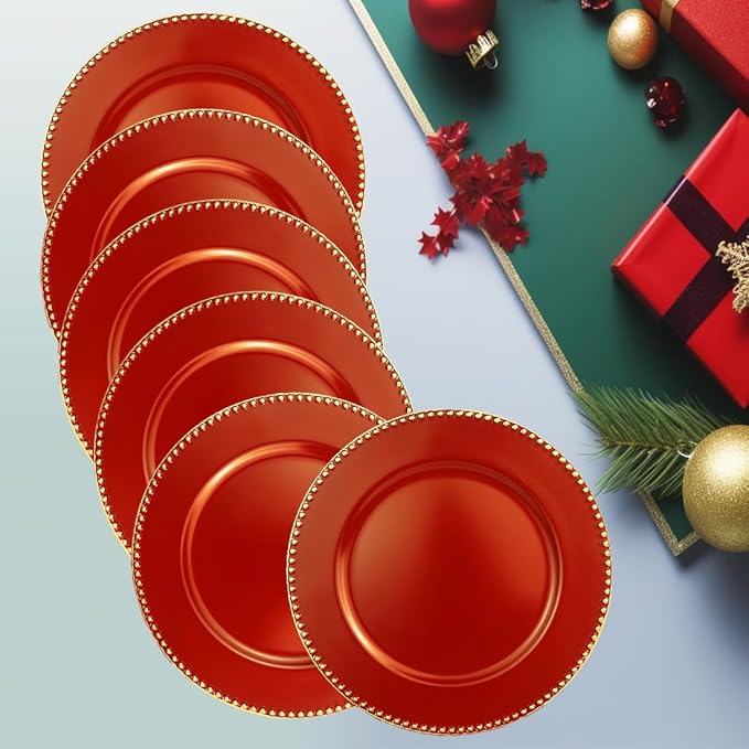 Red Charger Plates with Beaded Rim, 13" Round Charger for Dinner Plates, Set of 6 Plastic Plate Chargers for Wedding, Thanksgivng, Christmas.