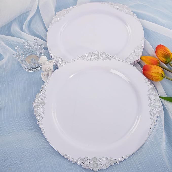 Hioasis 100pcs White Silver Plastic Plates - 10.25" Dinner Plates Disposable, Heavy -duty, Classy and Elegant for Thanksgiving