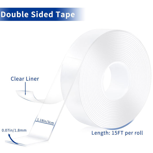 Double Sided Tape Heavy Duty 2 Rolls Removable Nano Tape for Poster Carpet Picture Hanging Strip Rug Strong Adhesive Multipurpose Clear Mounting Two Stick Sided DIY Tape (30FT)