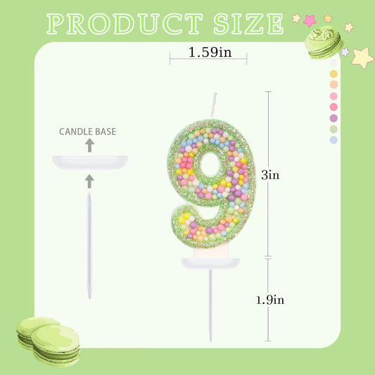 Birthday Candles - Number 9 Candle, Colorful Macaron Candles for Boys/Girls, Green Cake Decorations, Dinosaur Themed Party Supplies