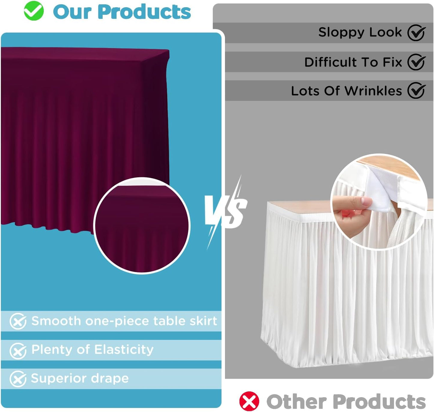 Table Skirts for 8ft Rectangle Tables - 2PCS Red Table Covers for 8 Foot Tables, Wrinkle Resistant Ruffles Elastic Table Cloths and Table Skirt for Banquets/Weddings/Parties/Birthday