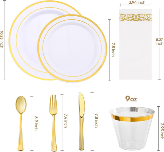 350-Piece Gold Rim Plastic Dinnerware Set for 50 Guests, Elegant Disposable Dinnerware for Party, Wedding. Includes Dinner Plates, Dessert Plates, Gold Silverware, Napkins, Cups