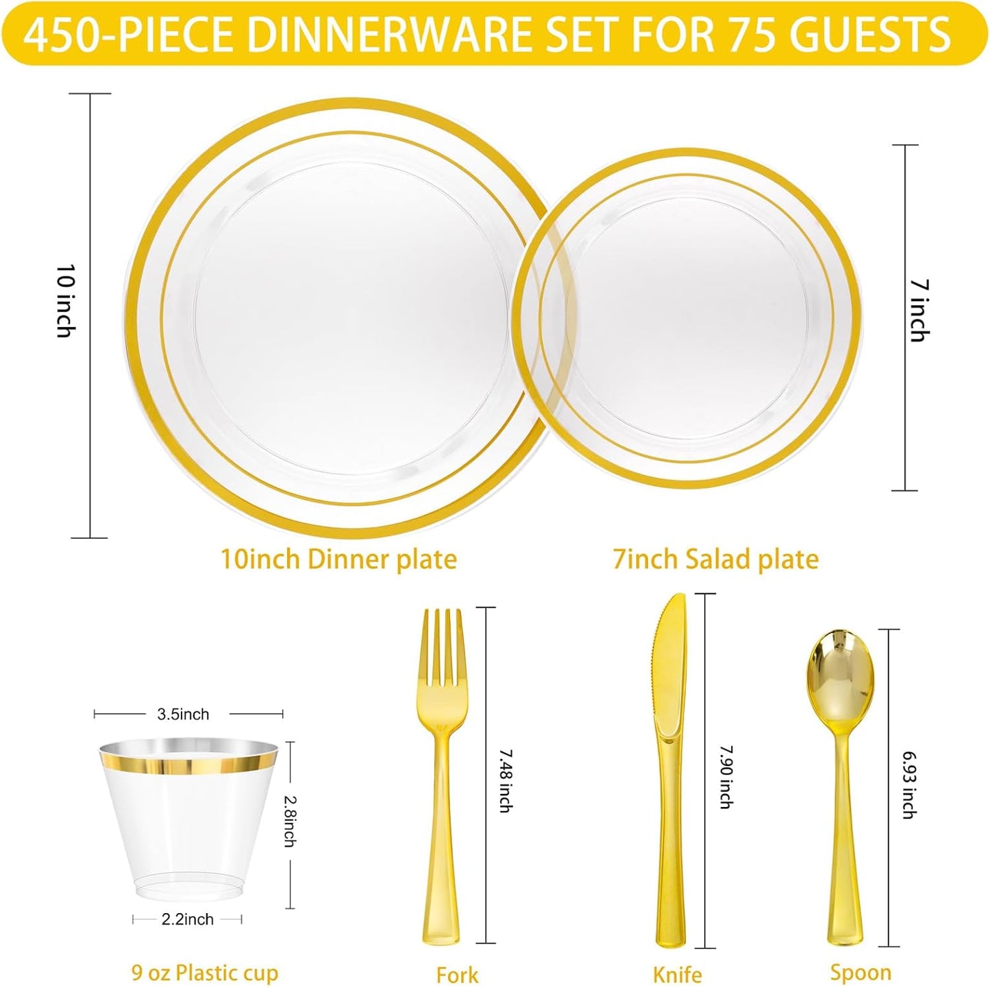 WELLIFE 450 PCS Clear Gold Disposable Dinnerware Set for 75 Guests, Clear and Gold Plastic Plates for Party, 75 Dinner & Salad Plates, Cups, Spoons Forks Knives for Wedding and Party Anniversary