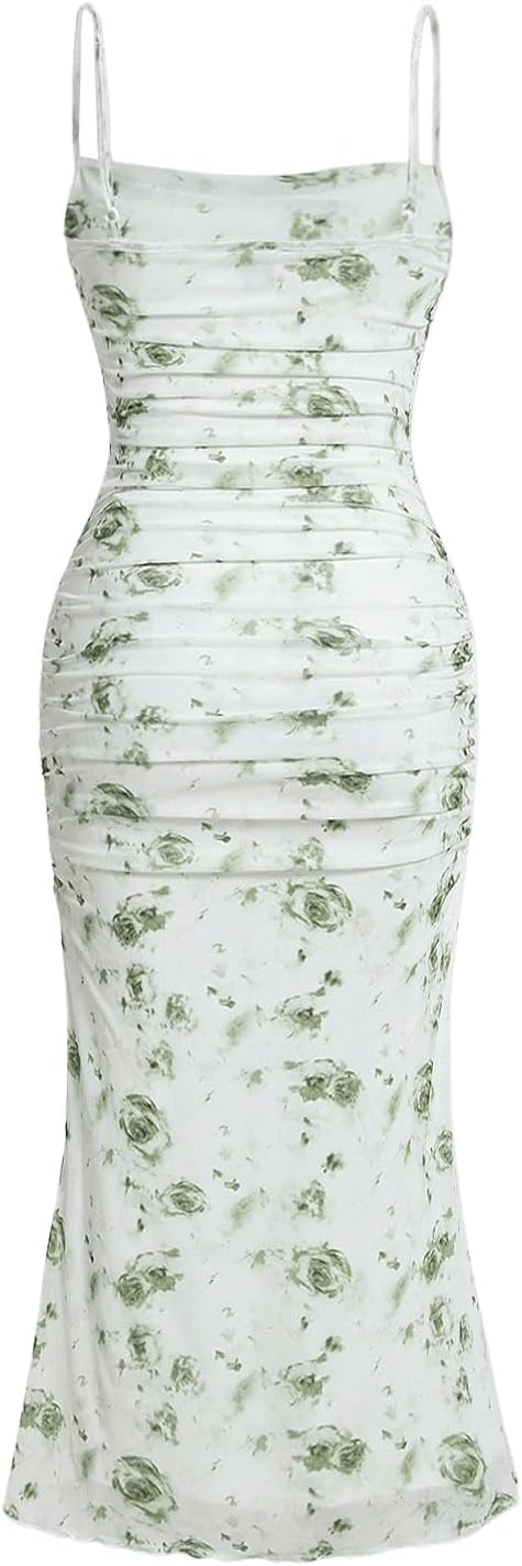 GORGLITTER Women's Floral Ruched Bodycon Midi Dress Mesh Sleeveless Fishtail Cami Dresses