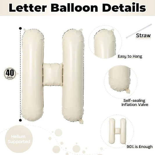 40 Inch Cream HBD Balloons for Boho Birthday Party Decorations, Giant Beige HBD Letter Foil Mylar Balloon Banner Helium Supported, Ivory White Sand Neutral Happy Birthday Sign for Girls Women Boys Men