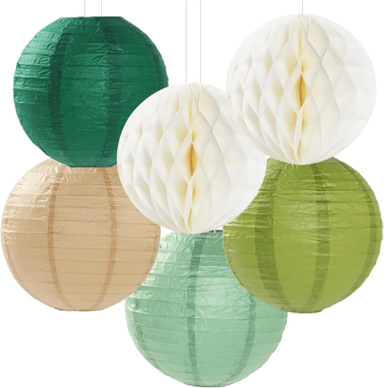 Sage Green Gold Party-Decorations Streamers-Lanterns - 14pcs Olive Paper Fan Honeycomb, Rustic Boho Neutral Birthday Tissue Pom Poms, Baby Bridal Shower Wedding Bachelorette Decor Lasting Surprise
