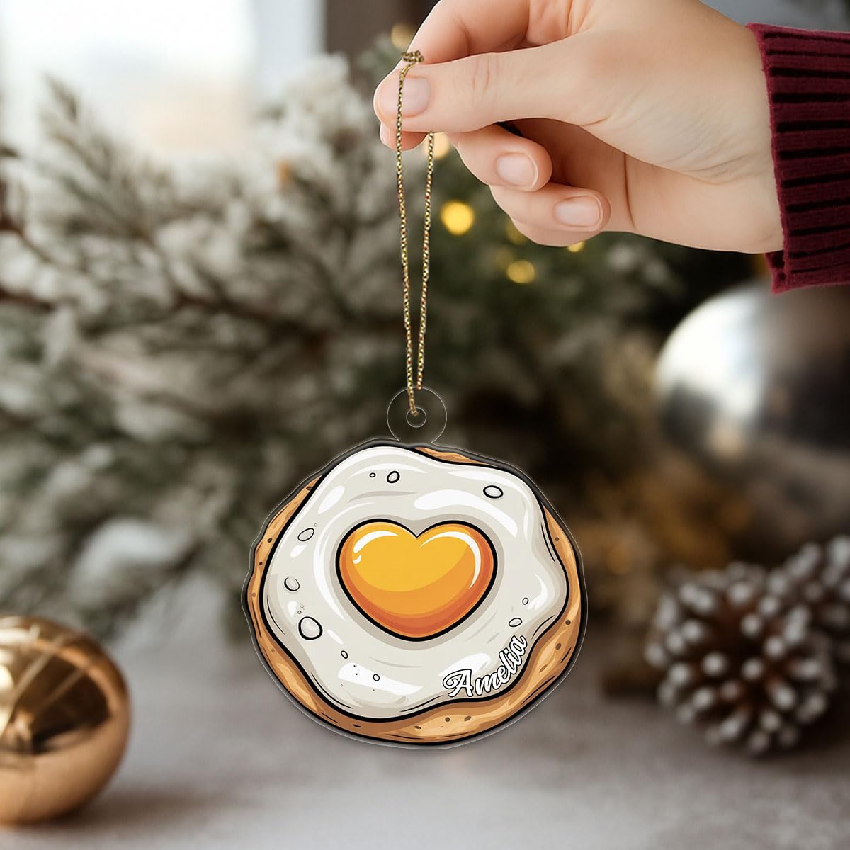 Personalized Heart Fried Egg Ornament, Custom Funny Christmas Ornament, Breakfast Lover Gift, Cooking Holiday Decoration, Unique Foodie Keepsake Acrylic Ornament – Personalized