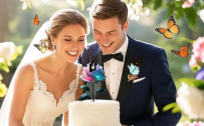Rose-Shaped Mr & Mrs Cake Topper - Wedding Bride and Groom Cake Decorations for Engagement, Anniversary, Just Married Acrylic(2D)