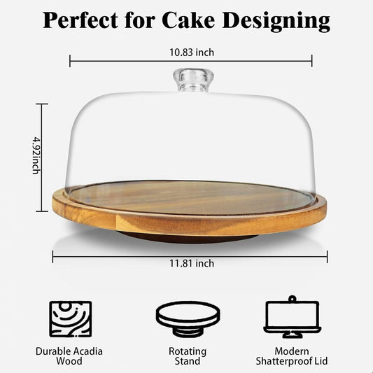 cutesun Wood Cake Stand with Lid, 12in Acacia Wood Cake Plate with Cover, Wooden Cake Display Stand with Acrylic Dome, Cake Holder Tray for Wedding Gift,Kitchen,Birthday,Parties,Baking Gifts
