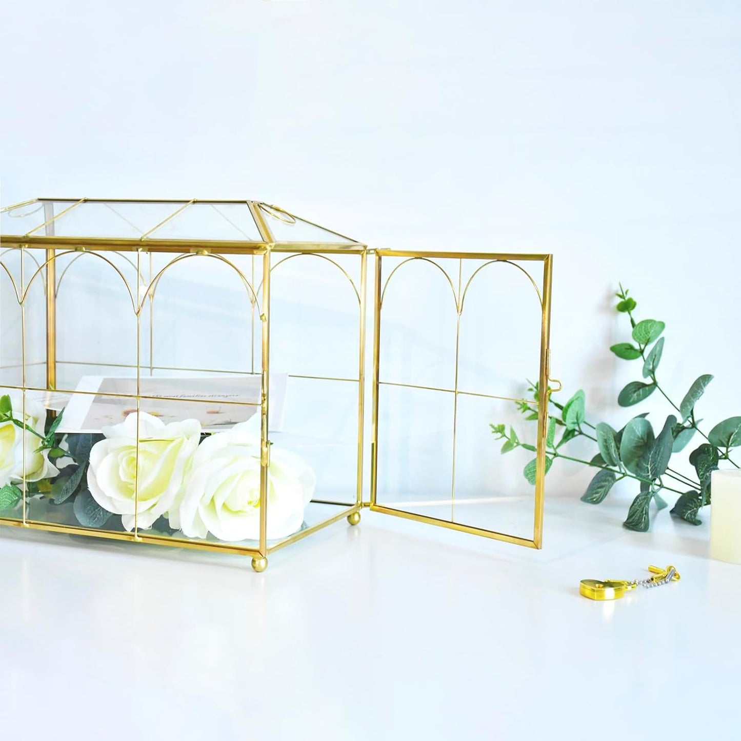 Glass Wedding Card Box with Slot, 10.2 x 5.9 x 7.9 Inches Handmade Vintage Gold Wedding Card Boxes for Reception, Keepsake, Baby Shower, Graduation, Party Decorative Box