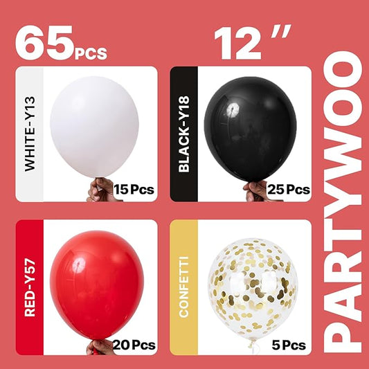 PartyWoo Red and Black Balloons 65pcs 12 Inch Matte Black Red White Confetti Balloons for Graduation Men Birthday Wedding Anniversary Bachelorette Racing Car Casino Retirement Party Decorations