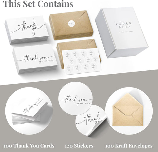 Thank You Cards with Envelopes & Matching Stickers, Bulk Pack of 100, 4x6 Inch Minimalistic Design - Suitable for Business, Baby Shower, Wedding, Small Business, Graduation, Bridal Shower, Funeral