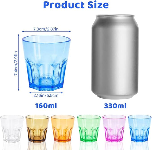 Plastic Drinking Glasses Set of 6, Unbreakable Coloured Water Tumbler, Acrylic Plastic Cups, Reusable Kids Drinking Cups for Children Kitchen Picnic Party Juice Whiskey Wine (6pc-6color-160ml/5.4oz)