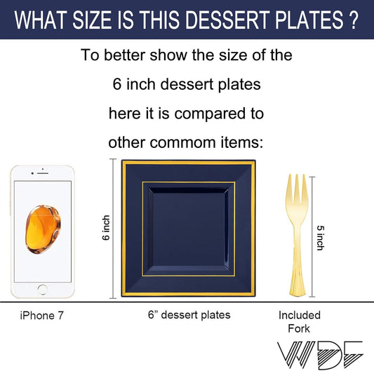 WDF 200PCS Blue Plastic Dessert Plates with Plastic Forks -6’’ 100 Square Disposable Appetizer Plates Small Cake Plates with Gold&100 Navy Blue Small Appetizer Forks