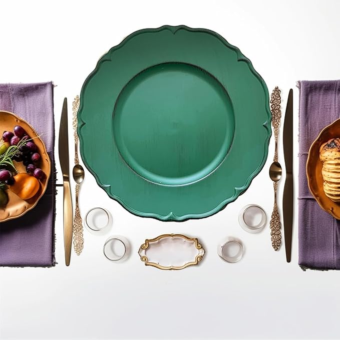 Antique Green Charger Plates, 13" Round Chargers for Dinner Plates, Set of 6 Plastic Plate Chargers for Weddings, Parties, Table Setting.