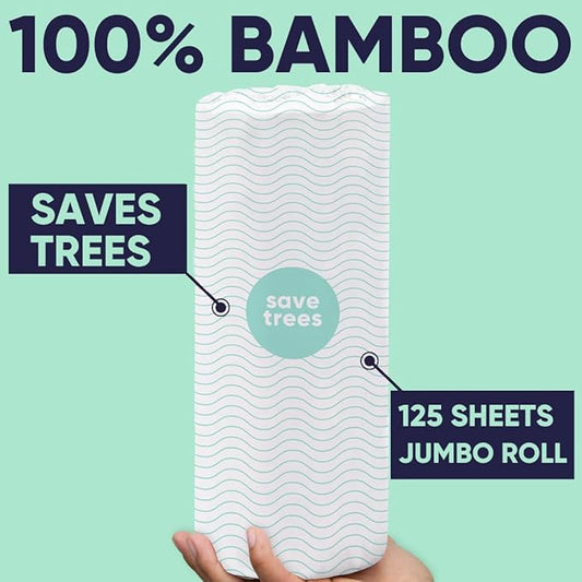 Save Trees Bamboo Paper Towels 6pk - 750 Sheets Paper Towels Rolls Ultra Absorbent & Durable Eco-Friendly - FSC-Certified, totally Plastic-Free, and Vegan
