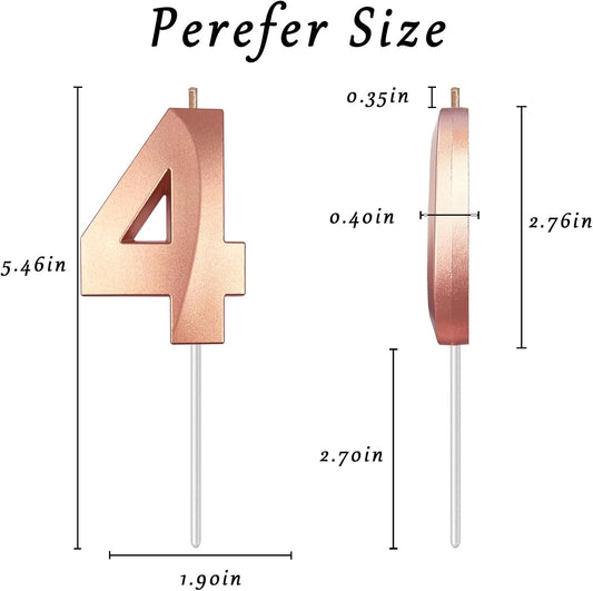 Rose Gold Number 4 Candles, 3D Diamond 2.76 Inch Cake Topper Birthday Candles for Wedding Anniversary Cake Decorations, Happy Birthday Party Decorations