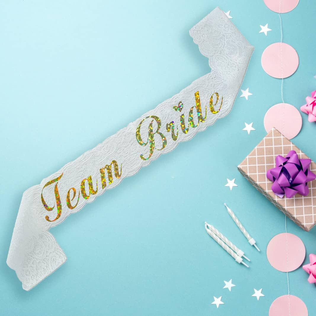 HAPRTY Team Bride Sash, White Lace Bachelorette Party Sash for Bridal Shower Engagement Party Supplies and Accessories for Team Brides