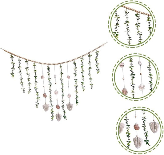 Wooden Bead and Shell Pendant Garland with Simulated Eucalyptus Leaves Lightweight Boho Hanging Decor for Door Window Aesthetic Leaf Vines Plant Decoration for Home and Party