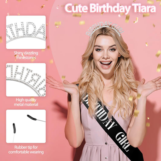 Birthday Sash Birthday Crown for Women, Birthday Girl Sash, Birthday Girl Crown, Black Birthday Sash and Crown Rhinestone Headband Set, Happy Birthday Girl Princess Tiara Sash Accessories Gifts