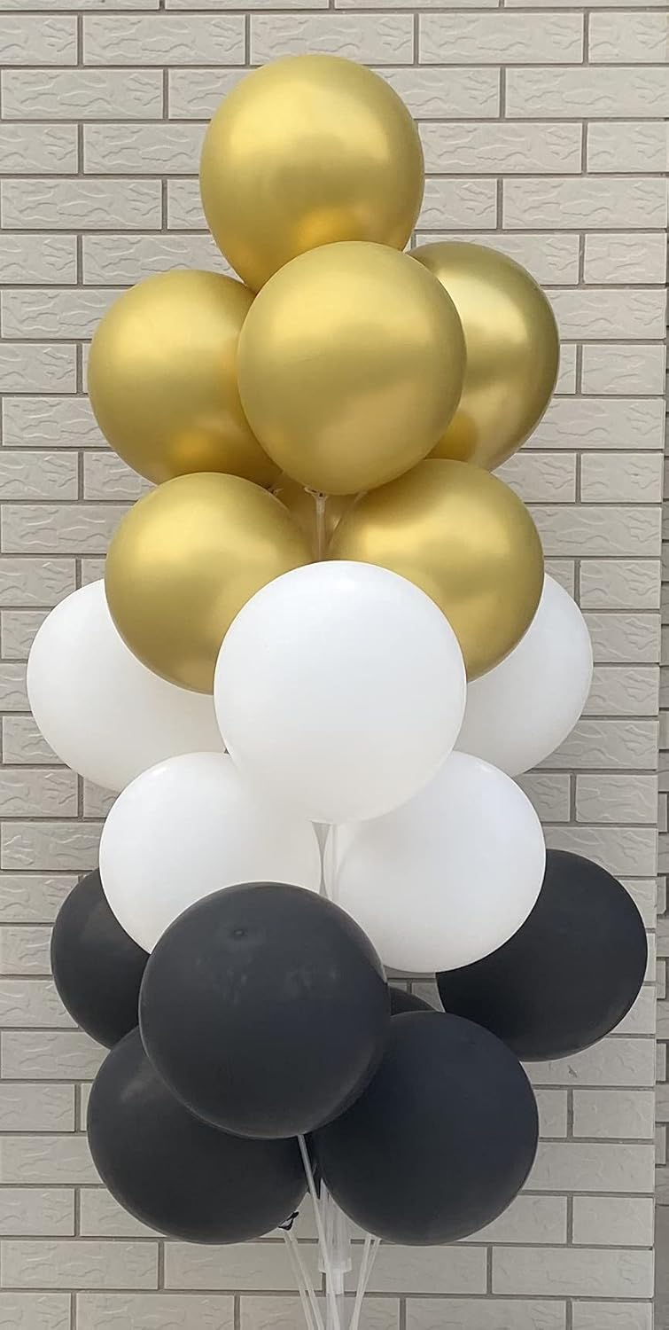 60 Pcs 12-Inch Latex Balloons in Black, White, and Gold - Perfect for Christmas, New Year, Graduation, Birthday, Baby Shower, and Wedding Party Decorations