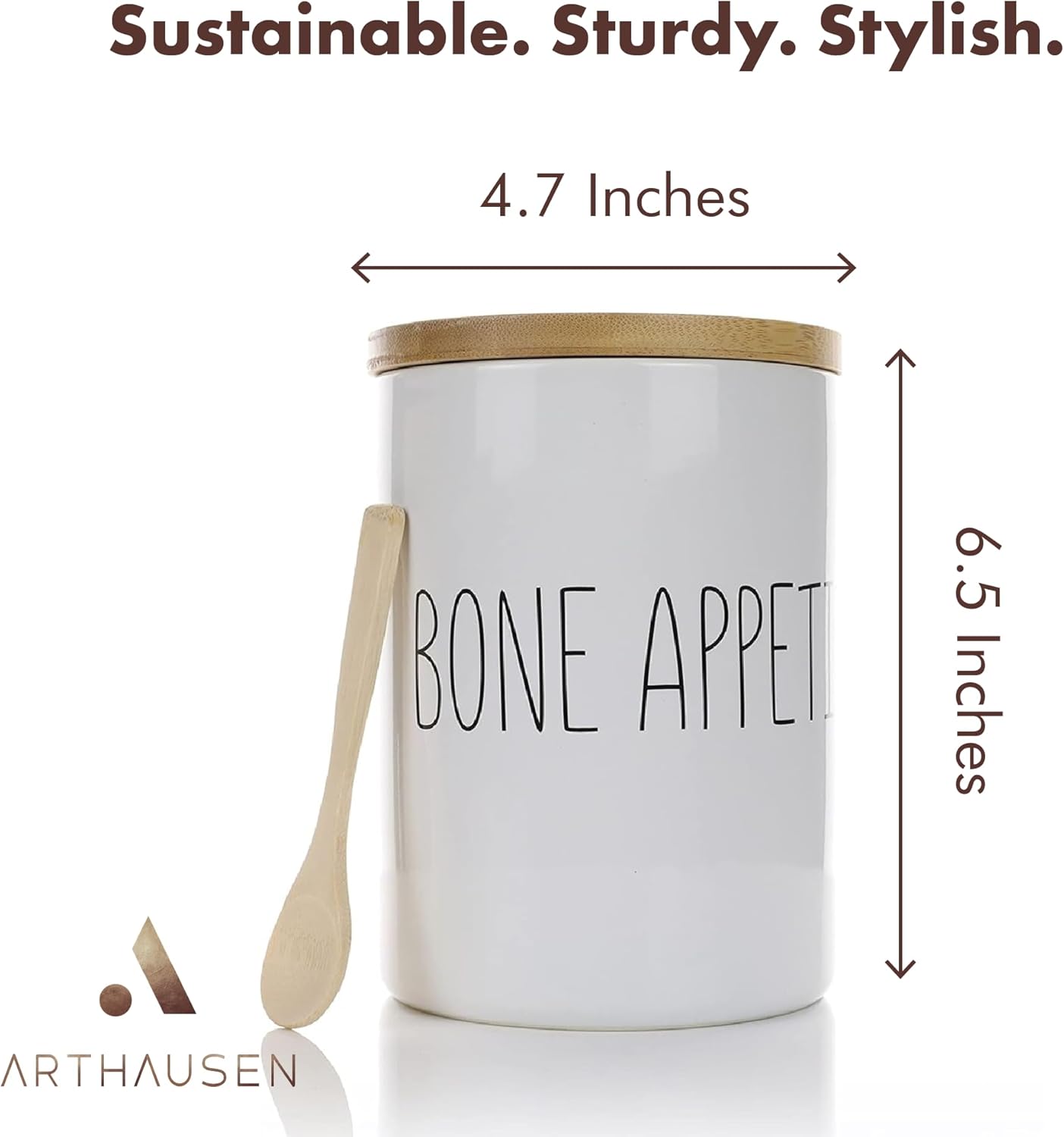 Arthausen Bone Appetite Dog Treats Ceramic Storage Jar Canister - Airtight Bamboo Lid w/Silicone Seal, Spoon - Modern Abstract Art Design for Kitchen Counter or Bathroom - 4 cup / 1080mL