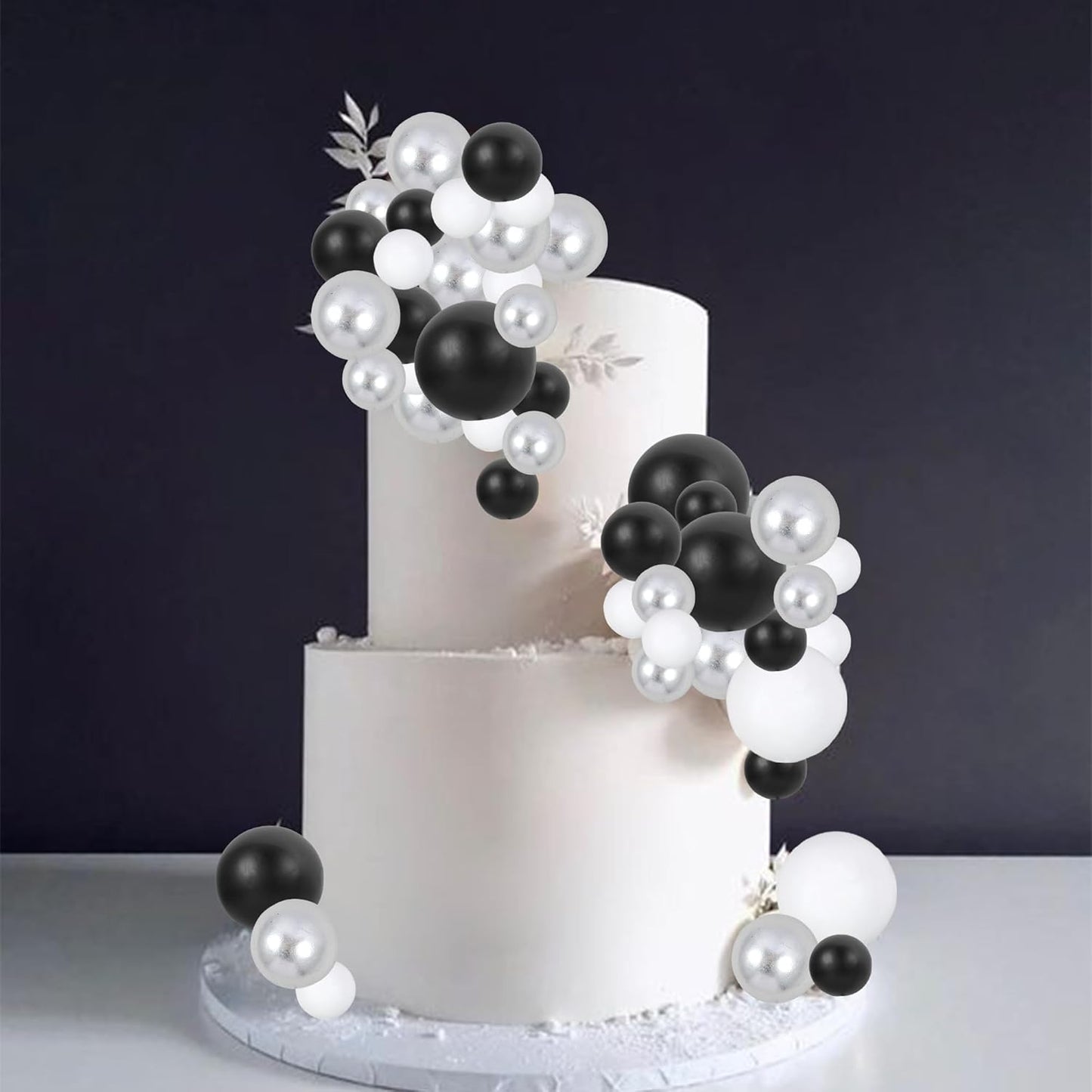 Gyufise 30Pcs Balls Cake Toppers Ball Picks Ball Shaped Cupcake Toppers Foam Balls Cake Topper Mini Balloons Cake Decorations for Wedding Baby Shower Birthday Party Supplies Black White Silver