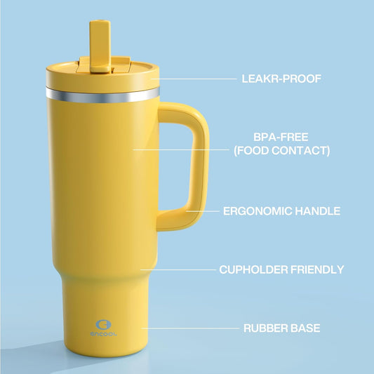 40 oz Tumbler with Handle and Straw: Stainless Steel Insulated Tumbler Keeps Cold for 24 Hours, Leakproof Travel Cup Fits in Cup Holder and BPA-Free,Elfin Yellow