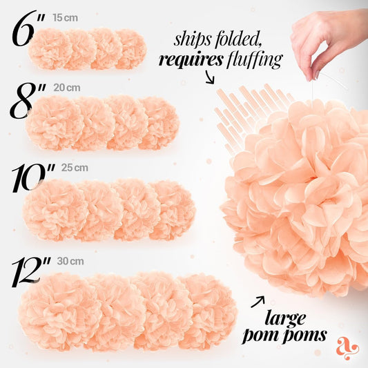 Peach Tissue Paper Pom Poms - Coral Peach Party Decorations for Birthdays, Weddings, Baby Showers and Special Occasions by Avoseta (16 Piece Set, Assorted Sizes)