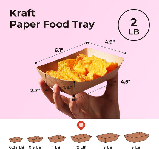 Fit Meal Prep [250 Pack 2 lb Paper Food Boats Heavy Duty Disposable Food Trays, Kraft Brown Nacho Tray for Parties Fairs Picnics Carnivals Holds Tacos Nachos Fries Hot Dogs Grease Resistant