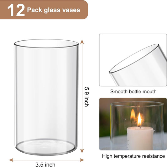 Devilfire 12Pcs Glass Cylinder vases for Centerpieces, 6 Inches Tall Flower Vases Wedding Decorations,Bulk Cylinder Flower& Plant Vases,Hurricane Candle Holder for Table Shelf, Party.