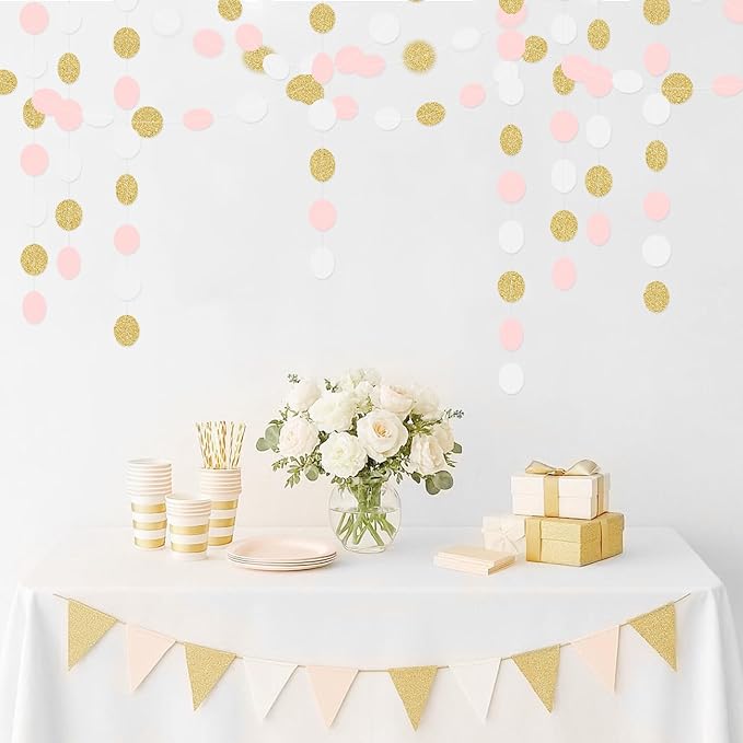 Light-Pink White Gold Party Decorations - 52Ft Paper Garland Circle Dots Streamers Banner Girl Women Birthday Bridal Shower Wedding Bachelorette Engagement Graduation Hanging Decor Hongtongtong