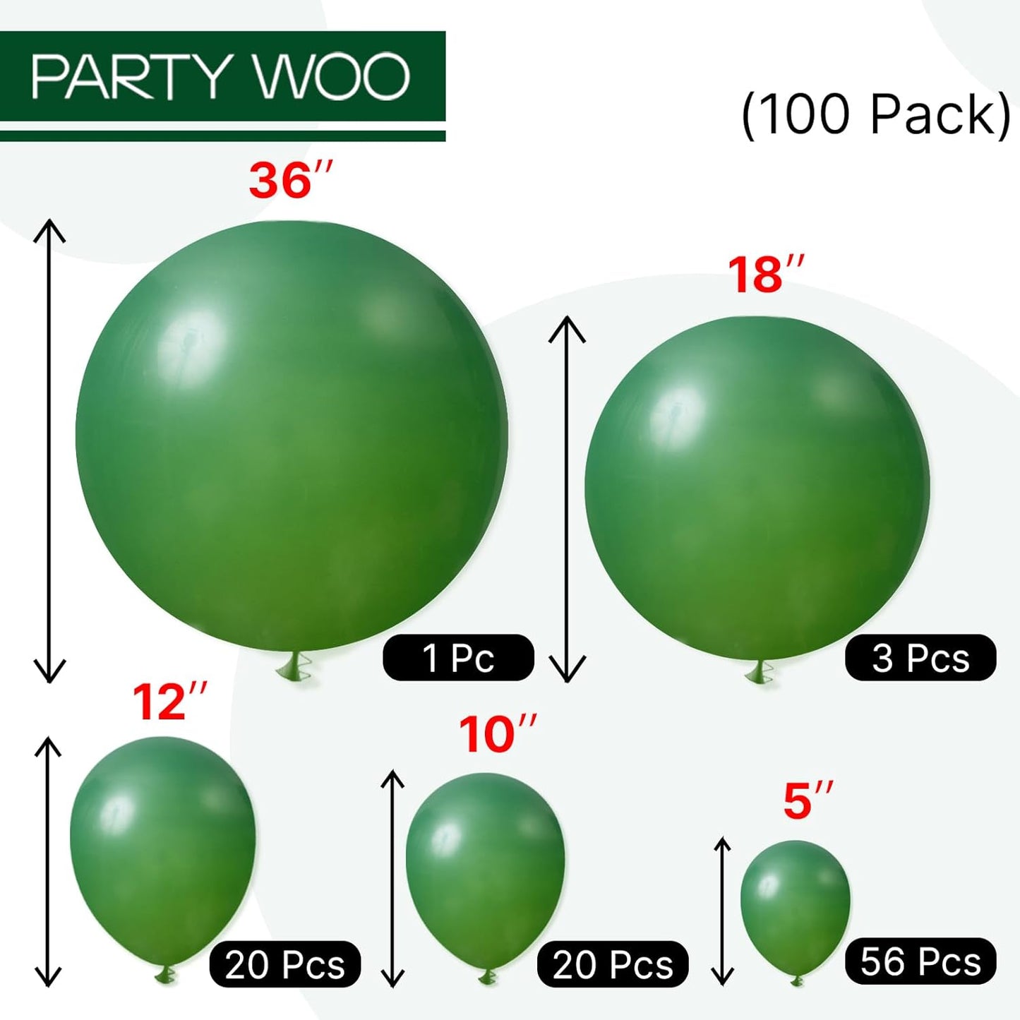PartyWoo Dark Green Balloons 100 pcs Different Sizes of 36 18 12 10 5 Inch Hunter Emerald Forest Green Balloon Arch Kit Garland for Graduation Christmas Jungle Birthday Party Decorations Green-Y56