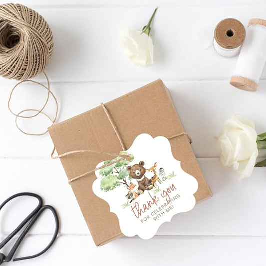 Andaz Press Fancy Frame Kids Party Favor Thank You Tags with String, 48-Pack Woodland Animals Birthday Gift Tags for Gift Bags, Favor Bags, Goody Bags, Boys & Girls, Gender-Neutral 1st Birthday Tags