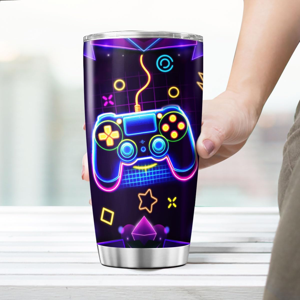 Gaming Controller Themed Cup for Gamers, Neon Design Stainless Steel Insulated Tumbler, 20oz Vacuum Travel Mug for Boys, Teens, Men, Game Lovers Gift for Birthday, Outdoor