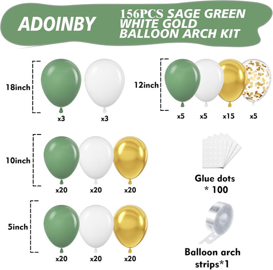 Sage Green White Gold Balloon Arch Kit, 156Pcs Latex Balloons Different Sizes 18 12 10 5 Inch Party Balloon Garland Kit for Baby Shower, Wedding, Engagements, Birthday, Anniversary Decorations