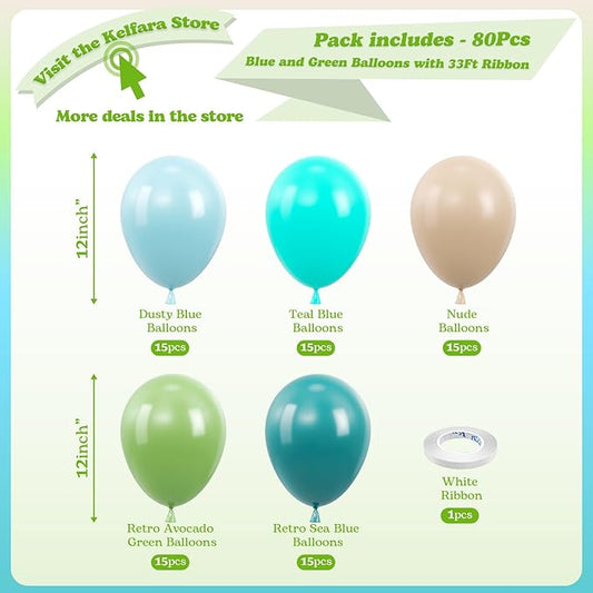 Kelfara Dusty Blue and Green Balloons, 80 pcs 12 Inch Retro Avocado Green Sea Blue Teal Nude Balloons for Birthday Baby Shower Graduation Engagement Bridal Shower Party Decorations
