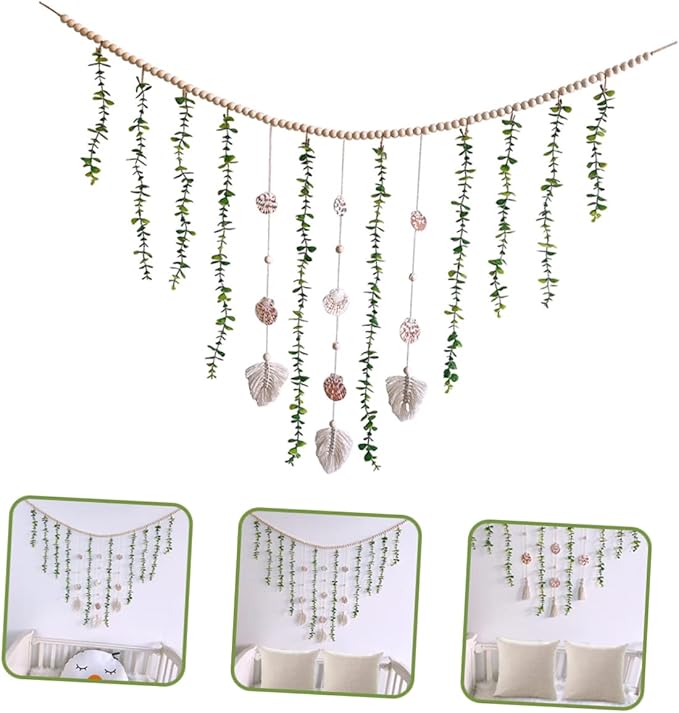Boho Eucalyptus Leaf Wall Hanging Decor Artificial Garland Wooden Beads Decor