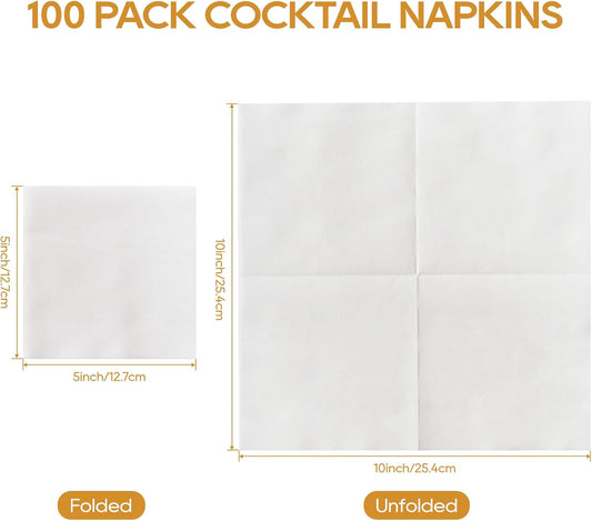 FOCUSLINE 100 Count Linen-Feel Disposable Cocktail Napkins, Soft and Absorbent Bulk Party Beverage Napkins Paper for Bar, Restaurant, Wedding, Dinner or Events, White