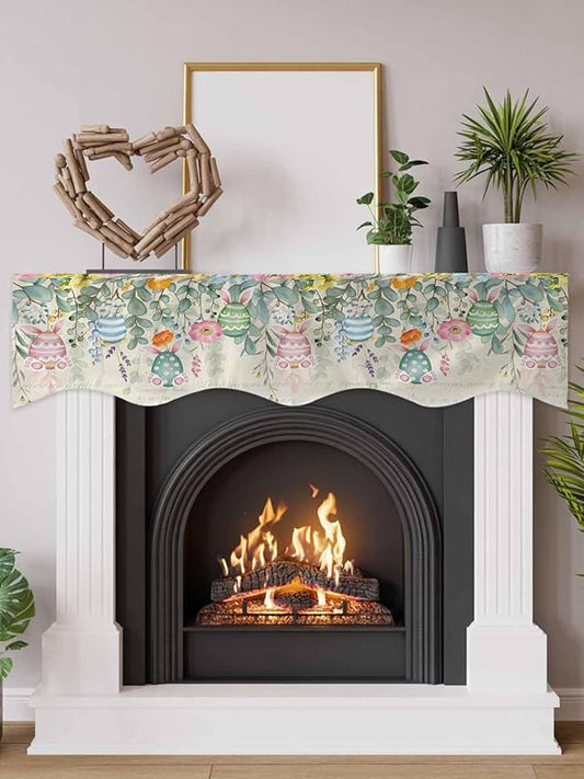 Easter Fireplace Mantel Scarf Table Runner, Spring Colorful Eggs Eucalyptus Leaves Floral Winter Garland Mantel Top Tablerunners Dresser Scarves Cover for Windows Party Living Room 70''x17''