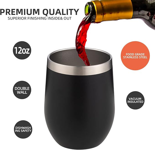 12 oz Insulated Wine Tumbler with Lid and Straw,Stainless Steel Stemless Wine Tumbler Glasses Double Wall Vacuum Wine Cups Tumbler Bulk for Coffee,Champaign,Cocktail,Office(Multicolor,4)