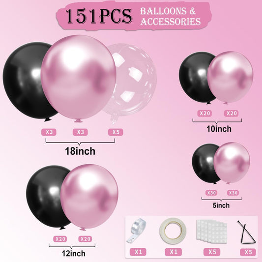 Metallic Pink Black Balloons Arch Kit, 151Pcs Black Chrome Pink and Bobo Balloons Garland 18 12 10 5 inch for Birthday Wedding Bachelorette Anniversary Halloween Christmas Party Decorations