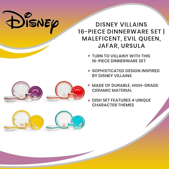 Disney Villains 16-Piece Ceramic Dinnerware Set, Maleficent, Evil Queen, Jafar, Ursula, Multicolor