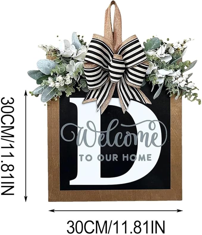 Last Name Year Round Front Door Wreath Front Porch Decoration 26 Letter Welcome Sign with Eucalyptus Garland and Bow Spring Wreaths for Front Door Outside Hanger Garland (D)