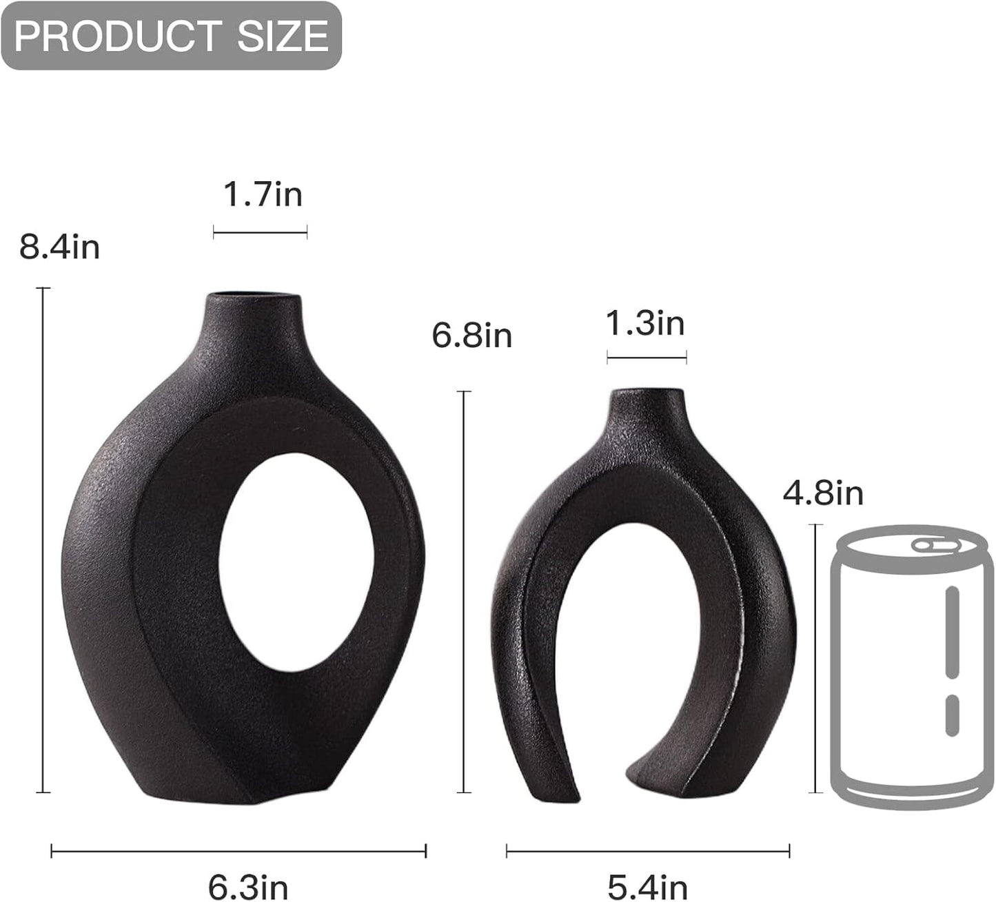 Snuggle Hollow Modern Ceramic Vase Set of 2, Mid Century Nordic Aesthetic Decorative Vase Decorative Vases for Home Table Decor (Matte Black W 6.3" X H 8.4")