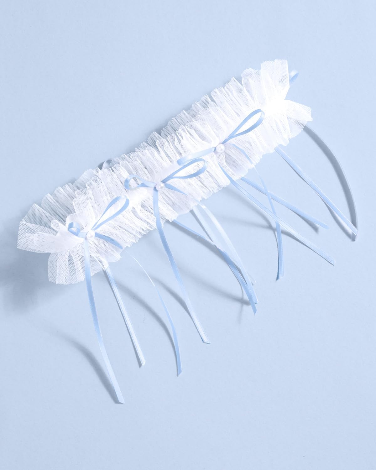 xo, Fetti White Tulle Ruffle Bridal Garter + Blue Pearl Bows | Bride to Be Accessory, Bridal Shower Outfit, Wedding Something Blue Decorations, Engagement Gift