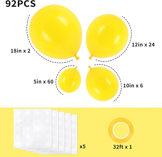 RUBFAC 92pcs Yellow Balloons Different Sizes 18 12 10 5 Inch for Garland Arch Premium Latex Balloons for Happy New Year Decorations 2024 Birthday Party Graduation
