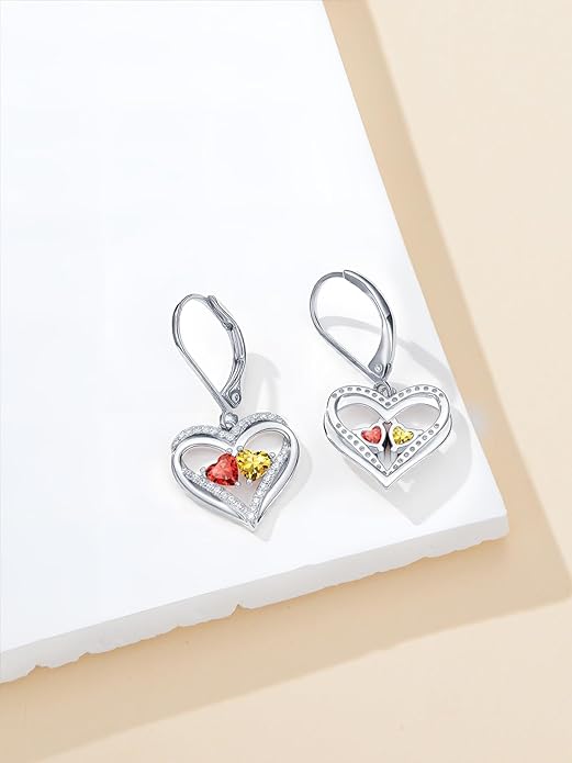 Valentines Day Gifts for Women, Heart Leverback Earrings Double Birthstone Dangle Earrings for Women, Love Jewelry for Her, Anniversary Birthday Gift for Mom Wife Girlfriend