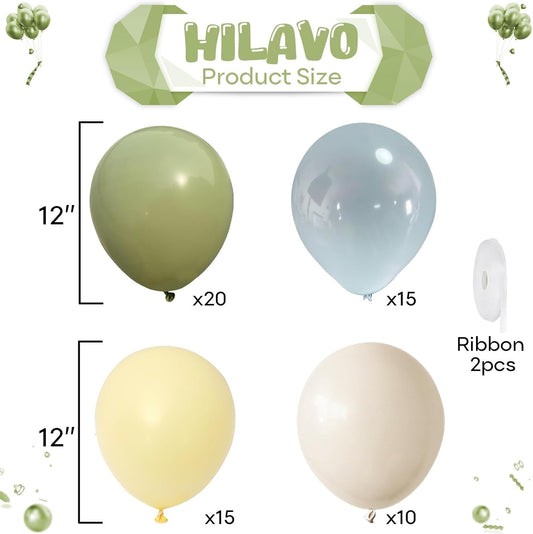 Sage Green Dusty Blue & Yellow Balloons Set – 60 Pcs 12 Inch Boho Neutral Latex Balloons for Baby Shower & Birthday