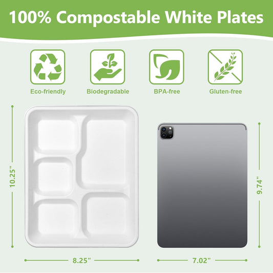 Compostable 5 Compartment Plates Disposable, 10.25 x 8.25 inch, 125 Pack Divided Paper Plates Heavy Duty, Biodegradable Eco-Friendly Bagasse Sectional School Lunch Trays, White 10 inch